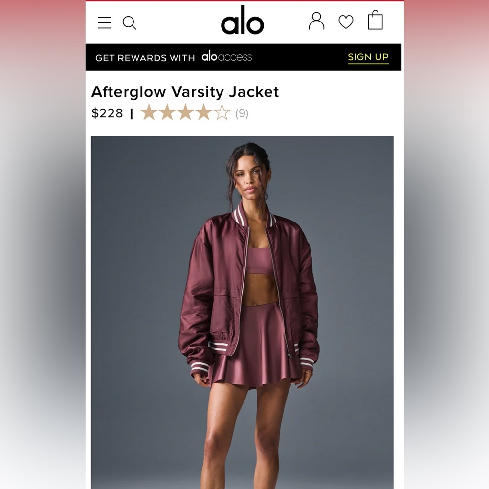 BNWT Alo Afterglow Varsity Jacket XS (burgundy truffle)